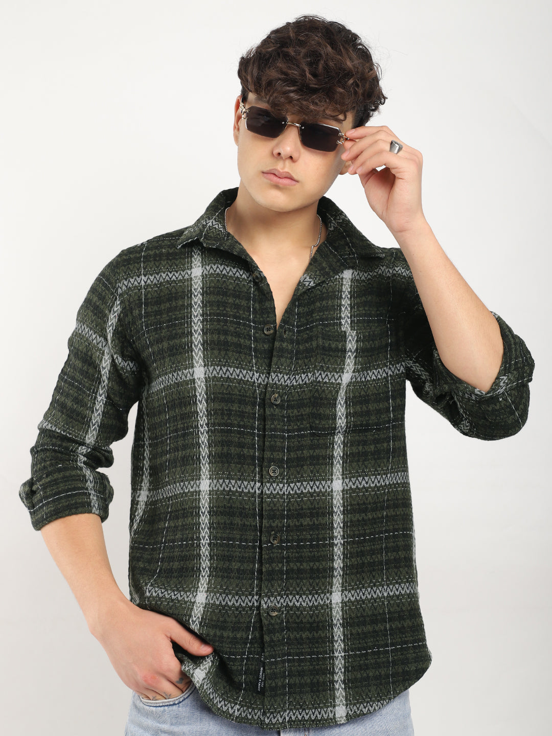 Haring Born Check Military Green & Light Grey Full Sleeve Shirt