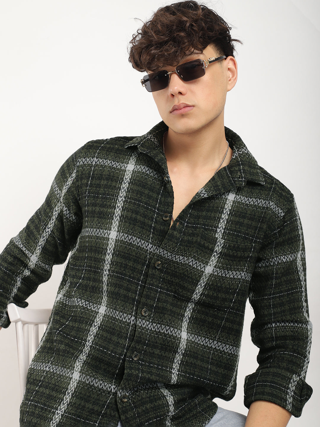 Haring Born Check Military Green & Light Grey Full Sleeve Shirt