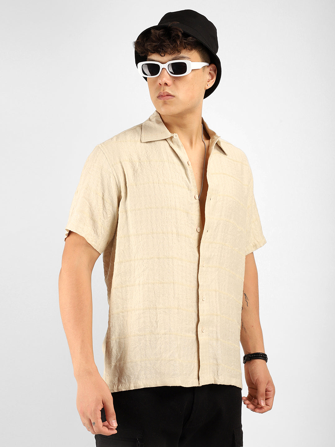 Shirtolo Beige Plain Half Sleeve Shirt