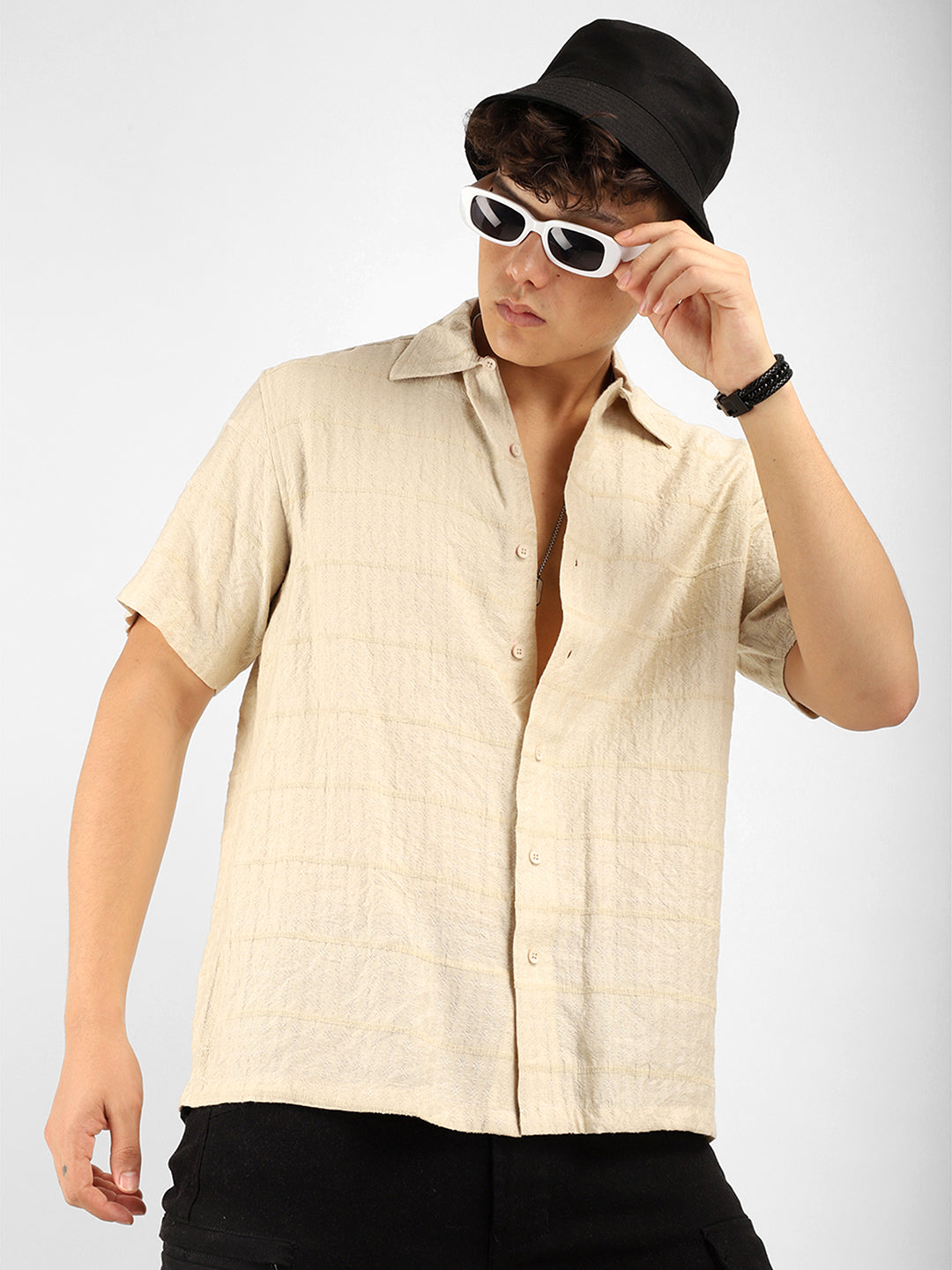 Shirtolo Beige Plain Half Sleeve Shirt