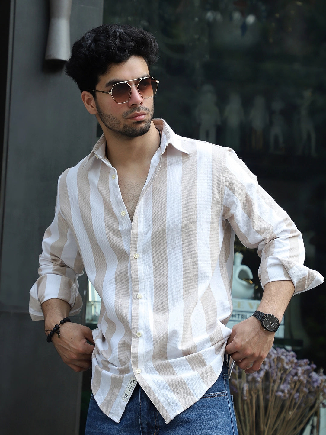 Oaken Espresso Brown Stripe Linen Shirt