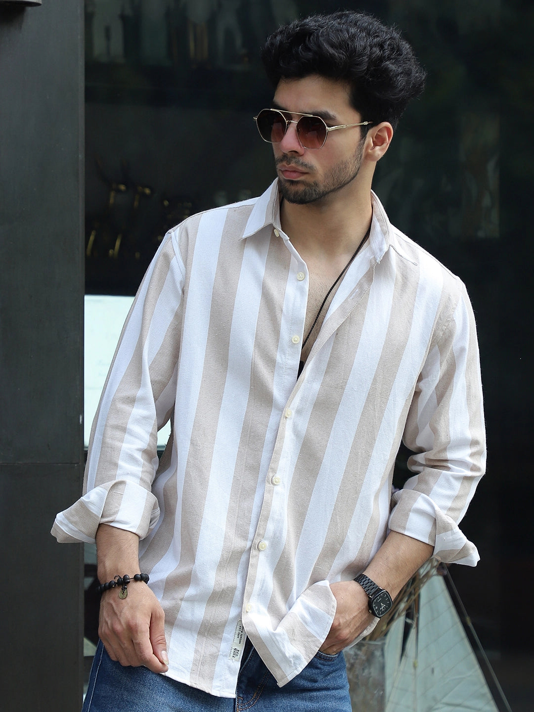 Oaken Espresso Brown Stripe Linen Shirt