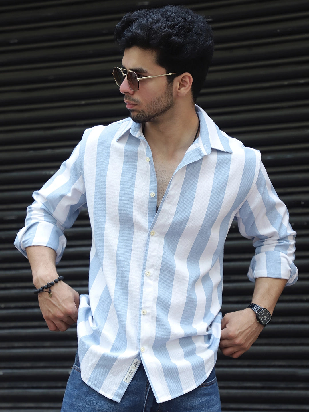 Oaken Espresso Sky Blue Stripe Linen Shirt 29 - Main Image