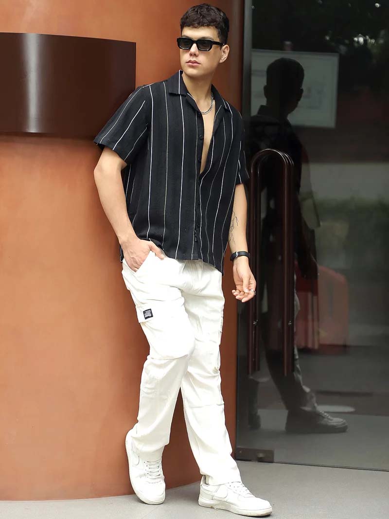 Offbeat Linen Black Half Sleeve Stripe Shirt