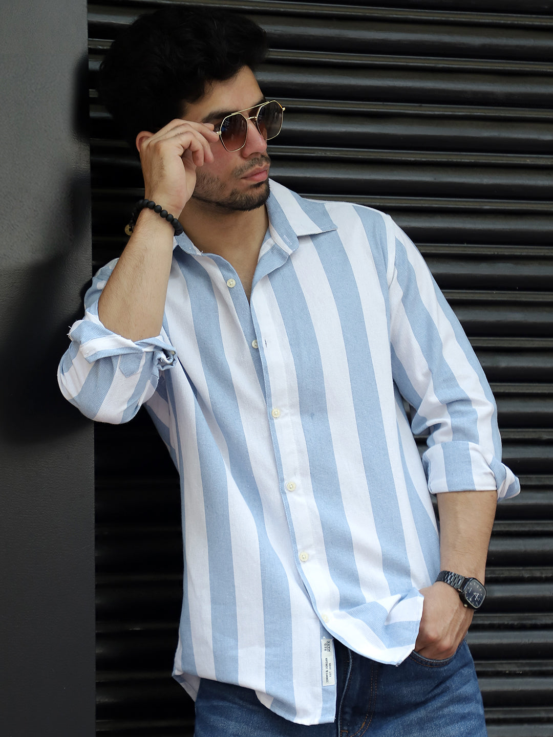Oaken Espresso Sky Blue Stripe Linen Shirt