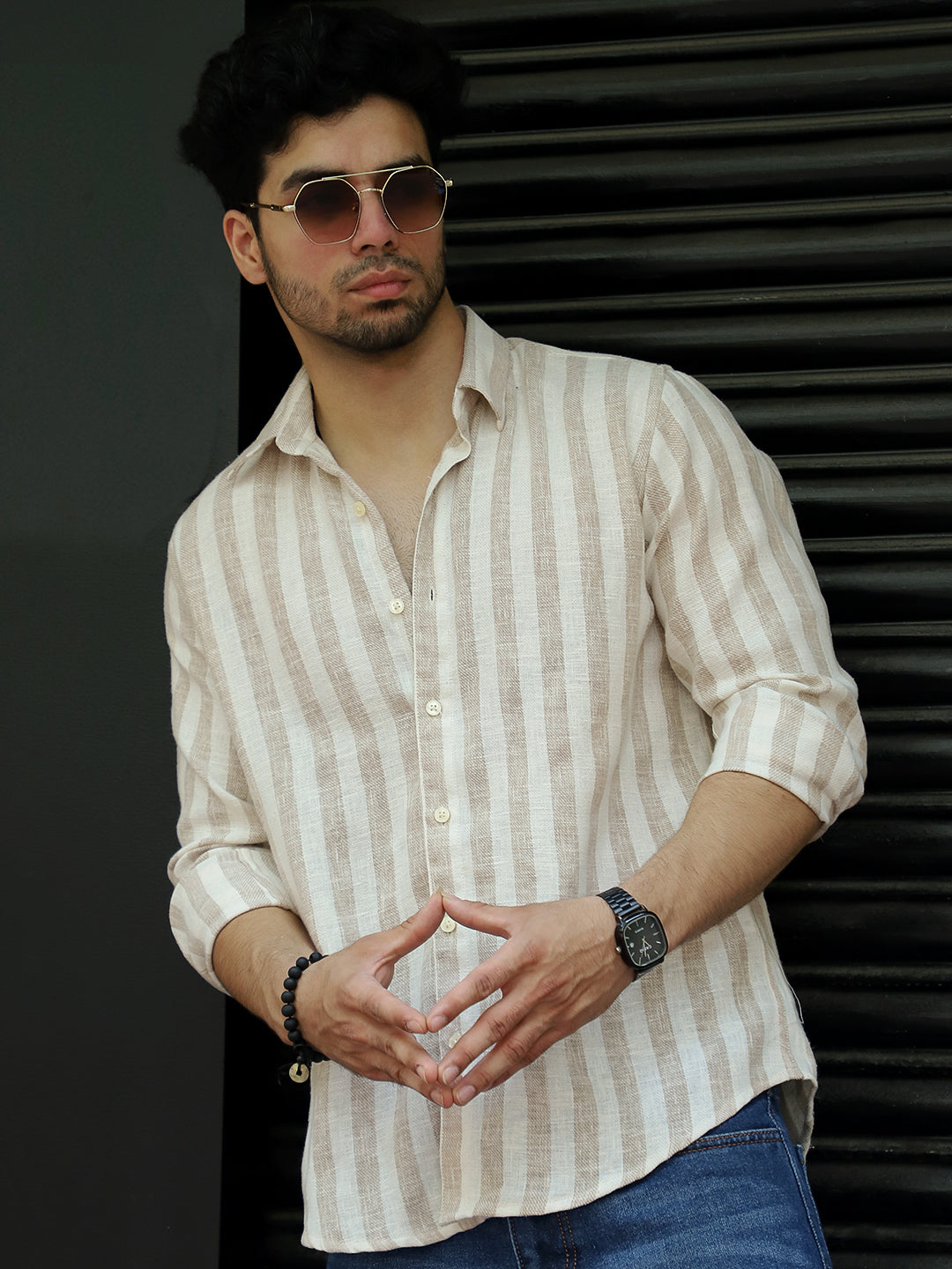 Elm & Stone Brown Stripe Linen Shirt
