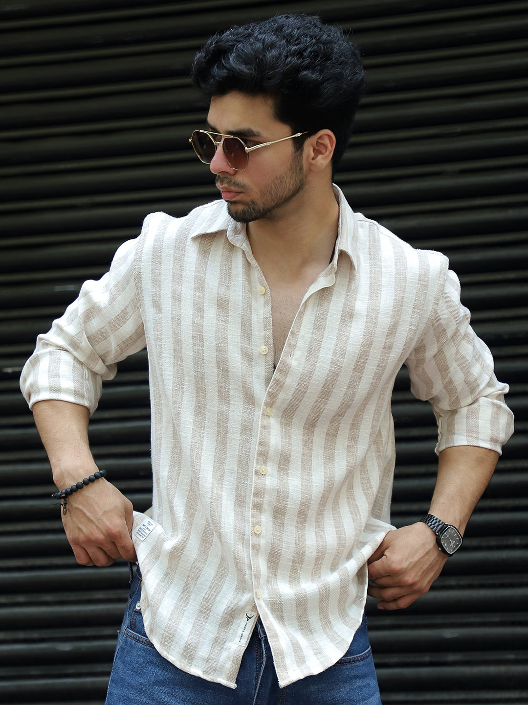 Elm & Stone Brown Stripe Linen Shirt