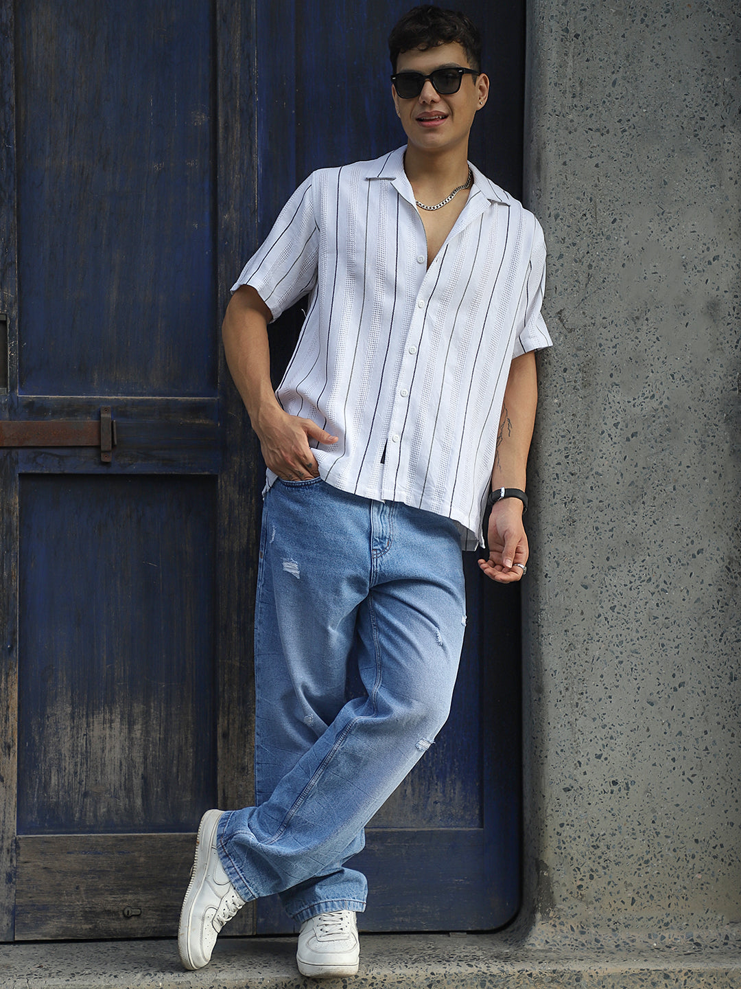 Offbeat Linen White Half Sleeve Stripe Shirt