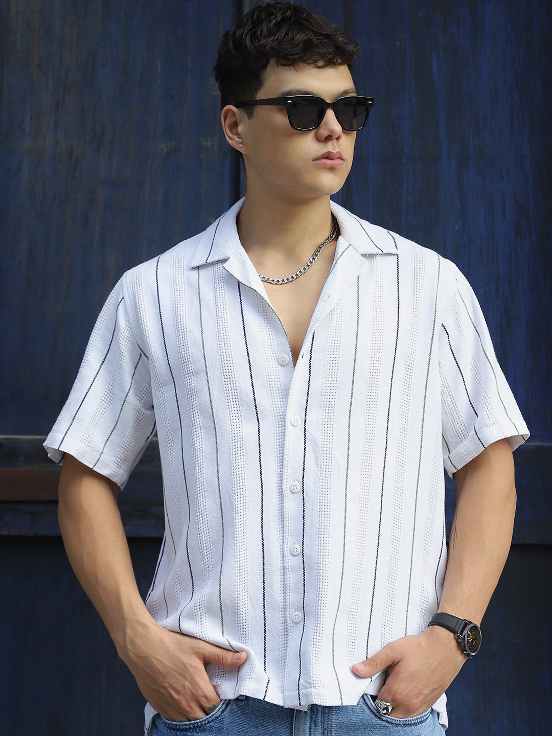 Offbeat Linen White Half Sleeve Stripe Shirt