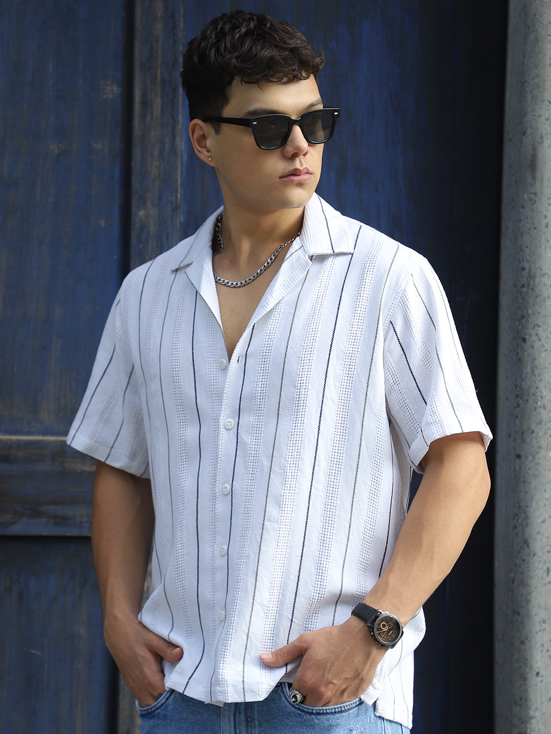 Offbeat Linen White Half Sleeve Stripe Shirt