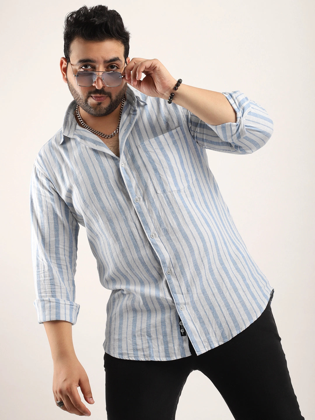 Adelma Sky Blue Linen Stripe Full Sleeve Shirt