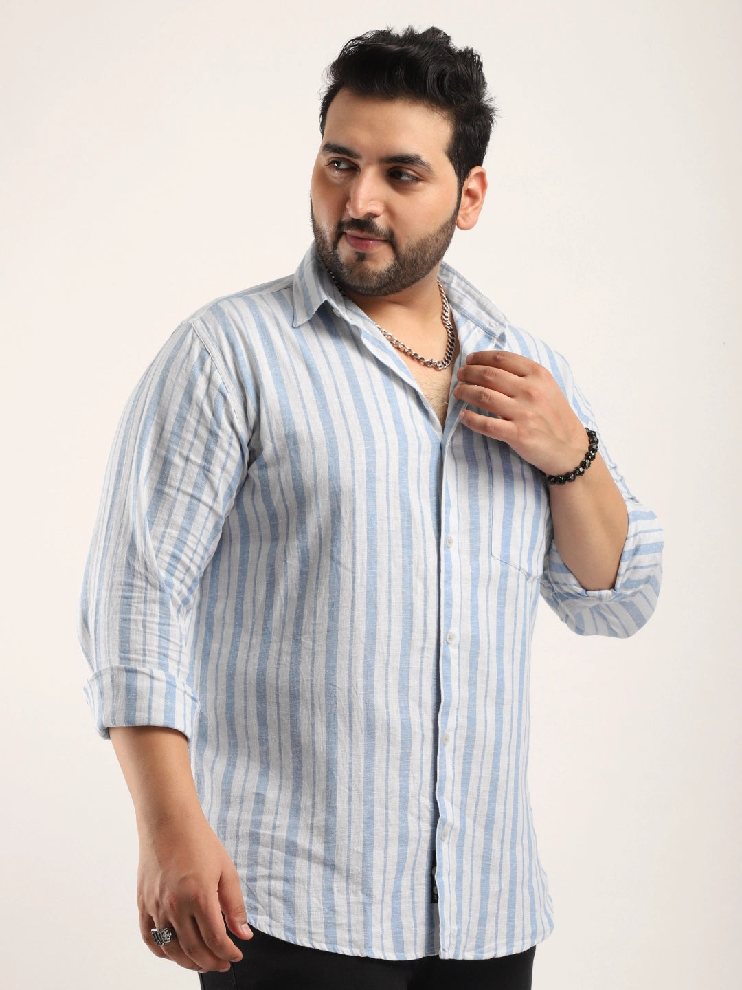 Adelma Sky Blue Linen Stripe Full Sleeve Shirt