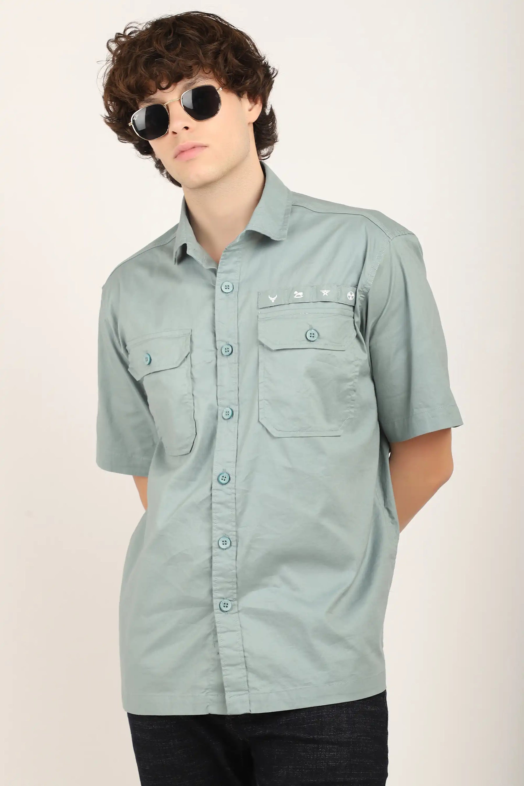 Sea Green Texture Solid Plain Half Sleeve Shirt