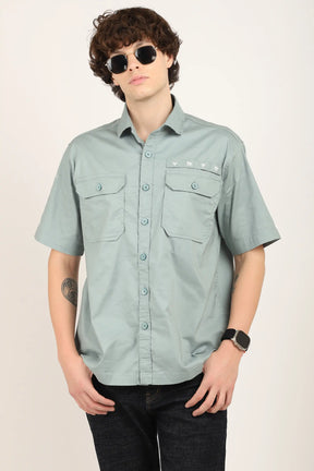 Sea Green Texture Solid Plain Half Sleeve Shirt