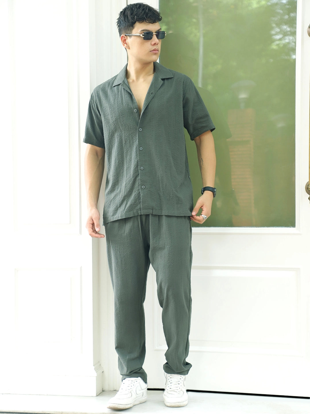 Cloudlines Oiive Green Textured Co Ord Set