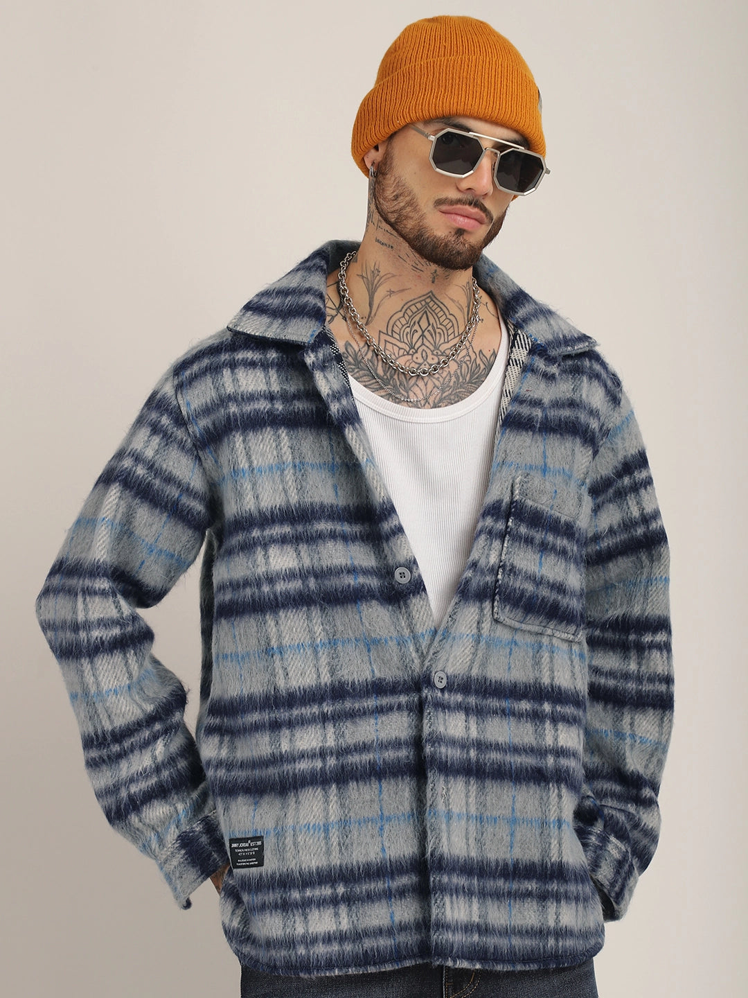 Wool Check Shacket Men
