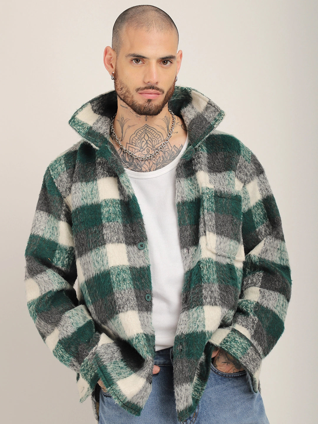 Harrison Pair Green Pure Wool Check Shacket