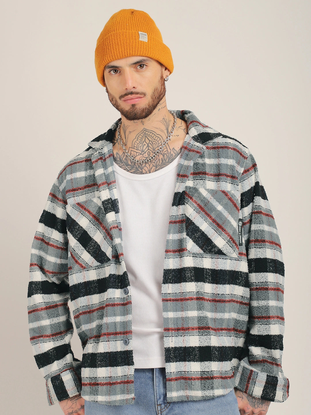 Pure Wool Towel Knitted Grey Check Shacket