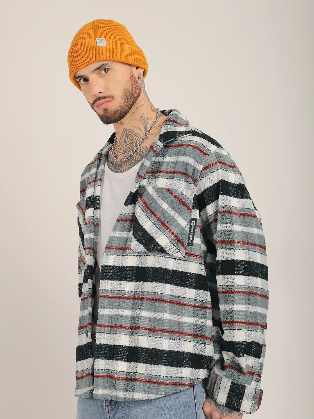 Pure Wool Towel Knitted Grey Check Shacket