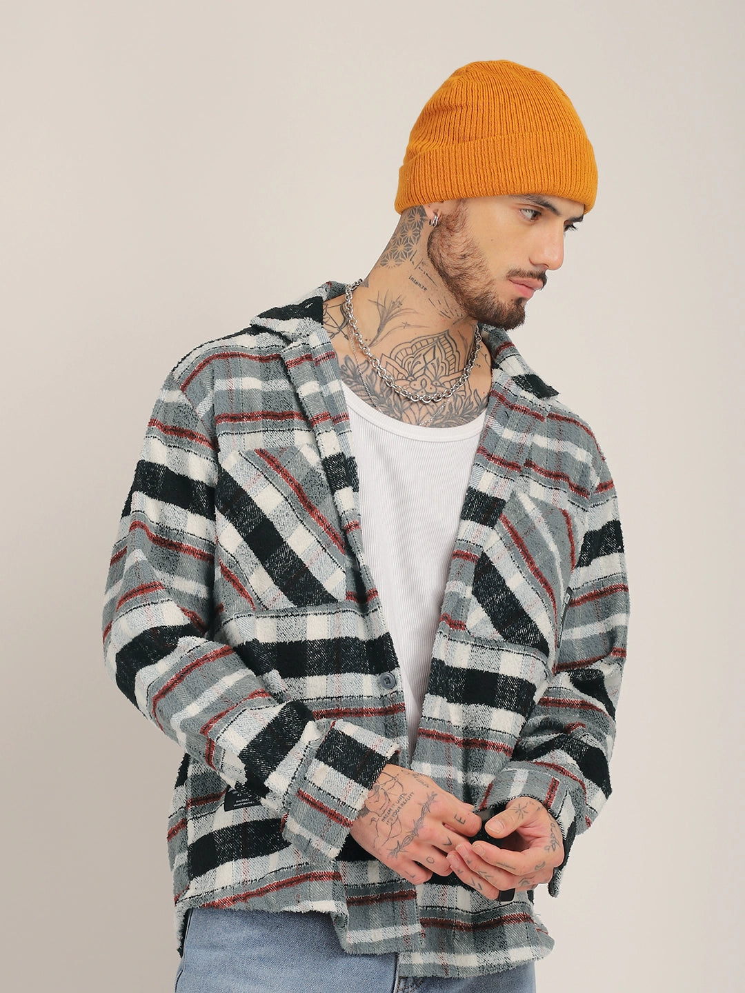 Pure Wool Towel Knitted Grey Check Shacket