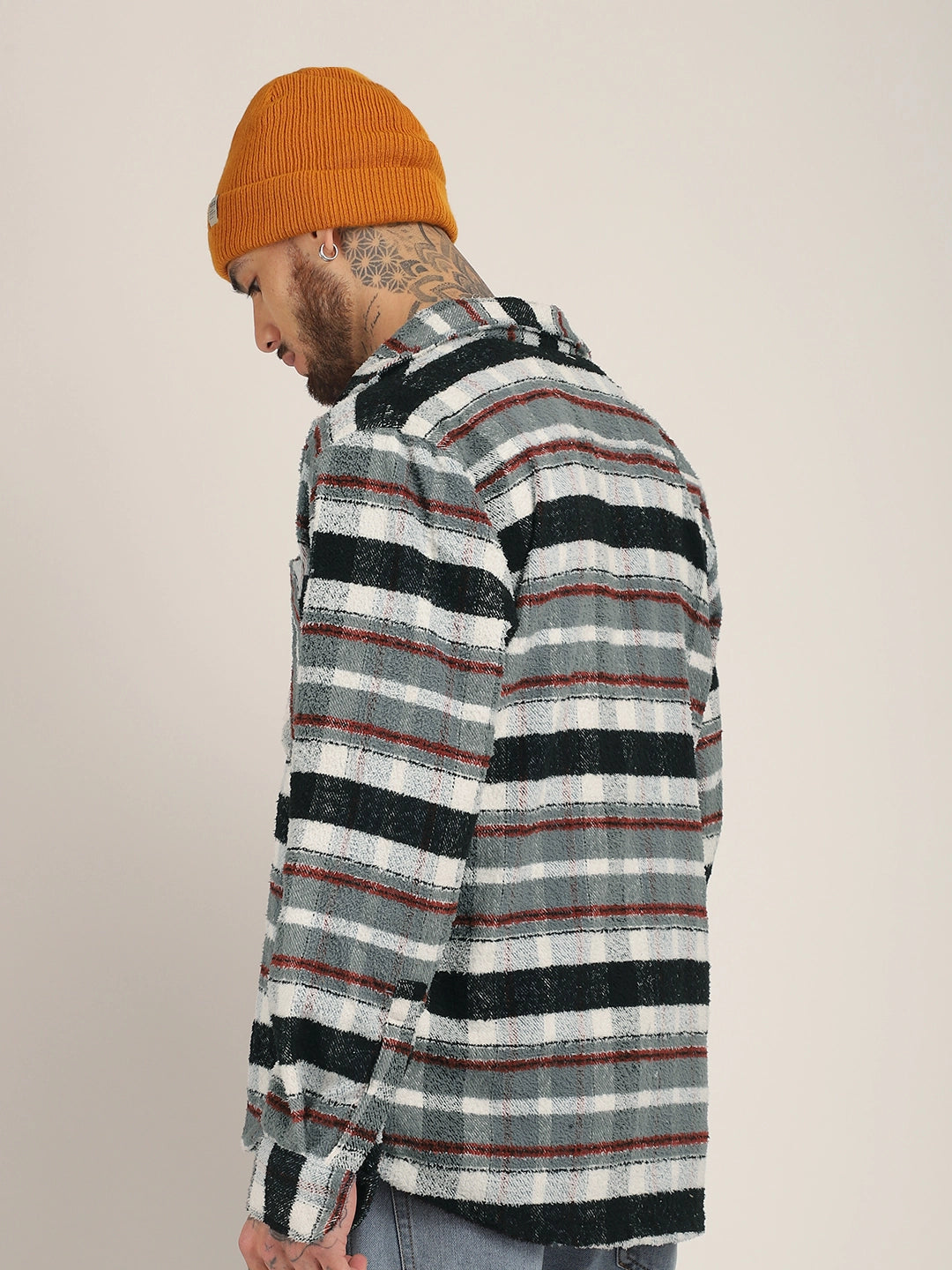 Pure Wool Towel Knitted Grey Check Shacket