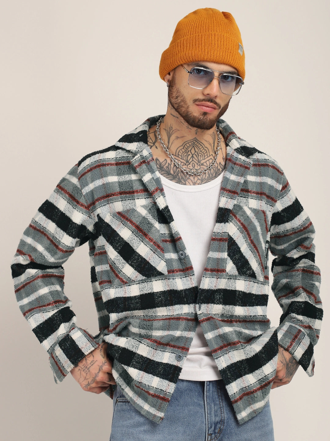 Pure Wool Towel Knitted Grey Check Shacket