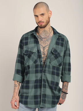 Vauxhall Ash Teal Washed Check Full Sleeve Shirt