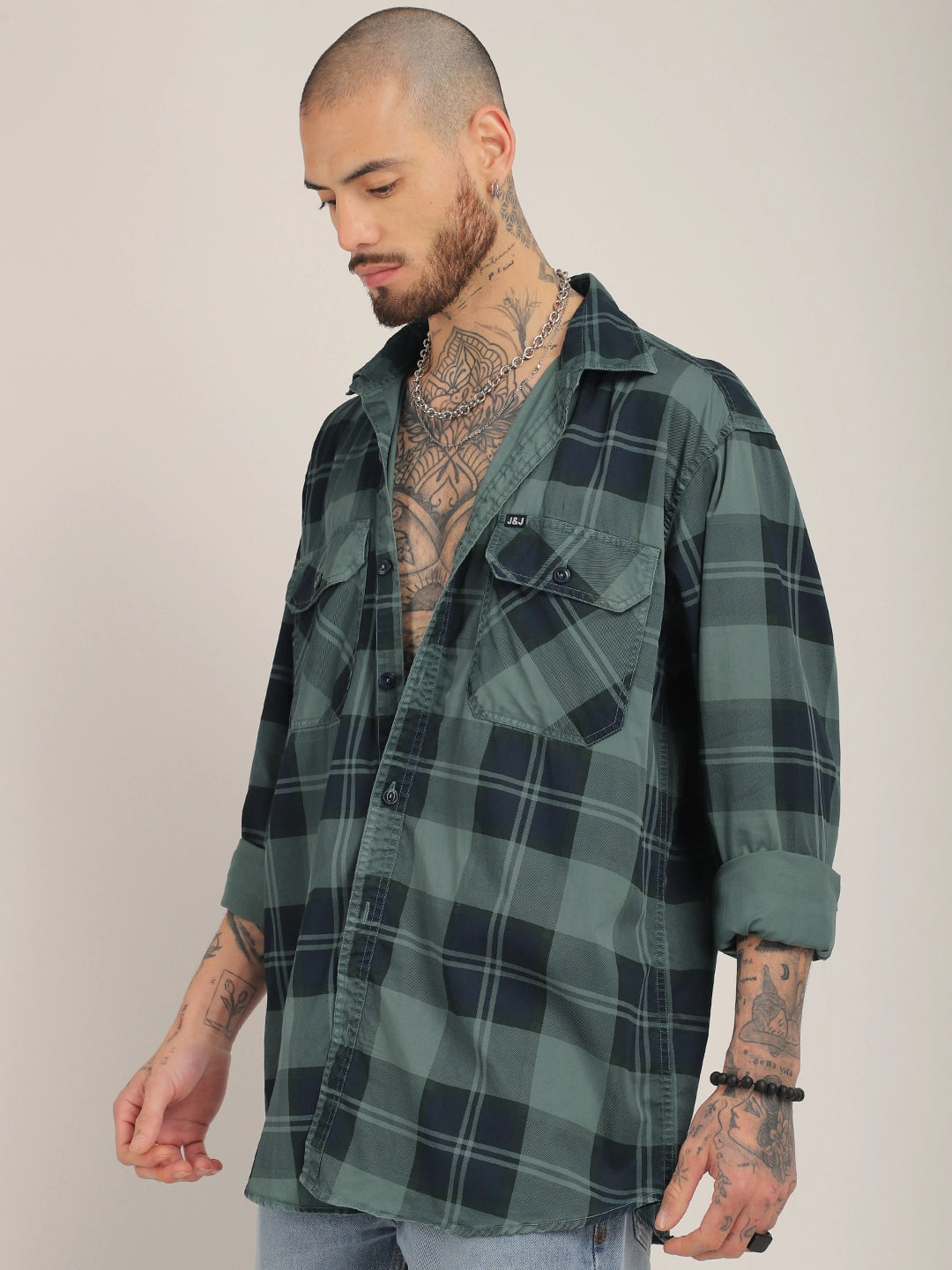 Vauxhall Ash Teal Washed Check Full Sleeve Shirt