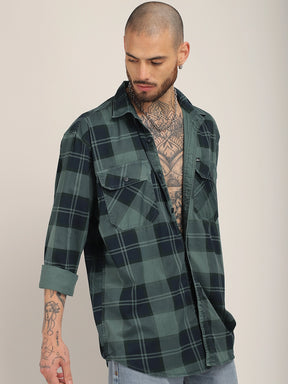 Vauxhall Ash Teal Washed Check Full Sleeve Shirt