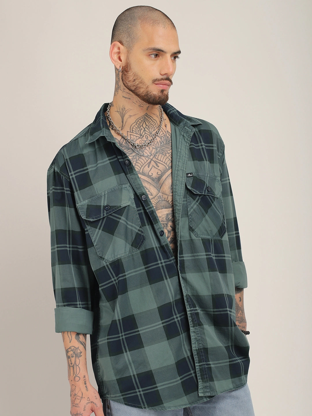 Vauxhall Ash Teal Washed Check Full Sleeve Shirt