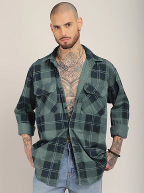 Vauxhall Ash Teal Washed Check Full Sleeve Shirt