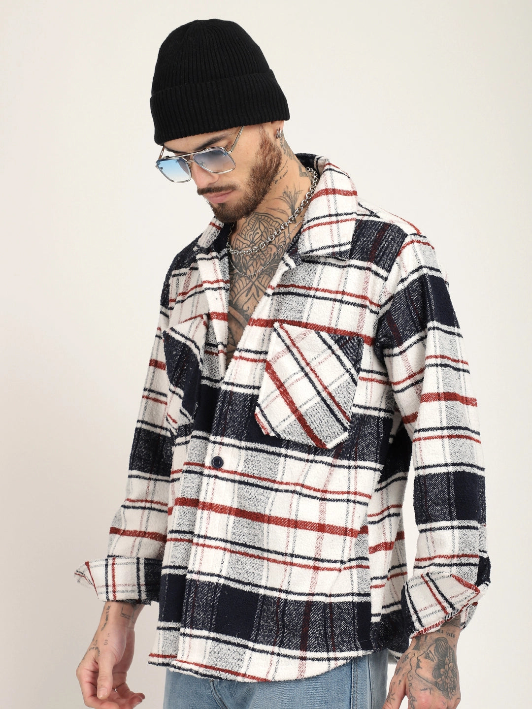 Pure Wool Navy Towel Knitted Check Shacket