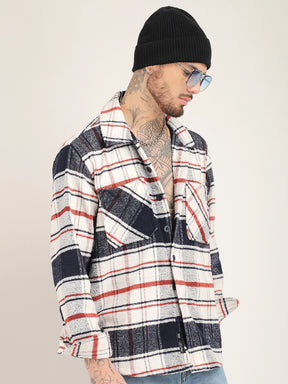 Pure Wool Navy Towel Knitted Check Shacket