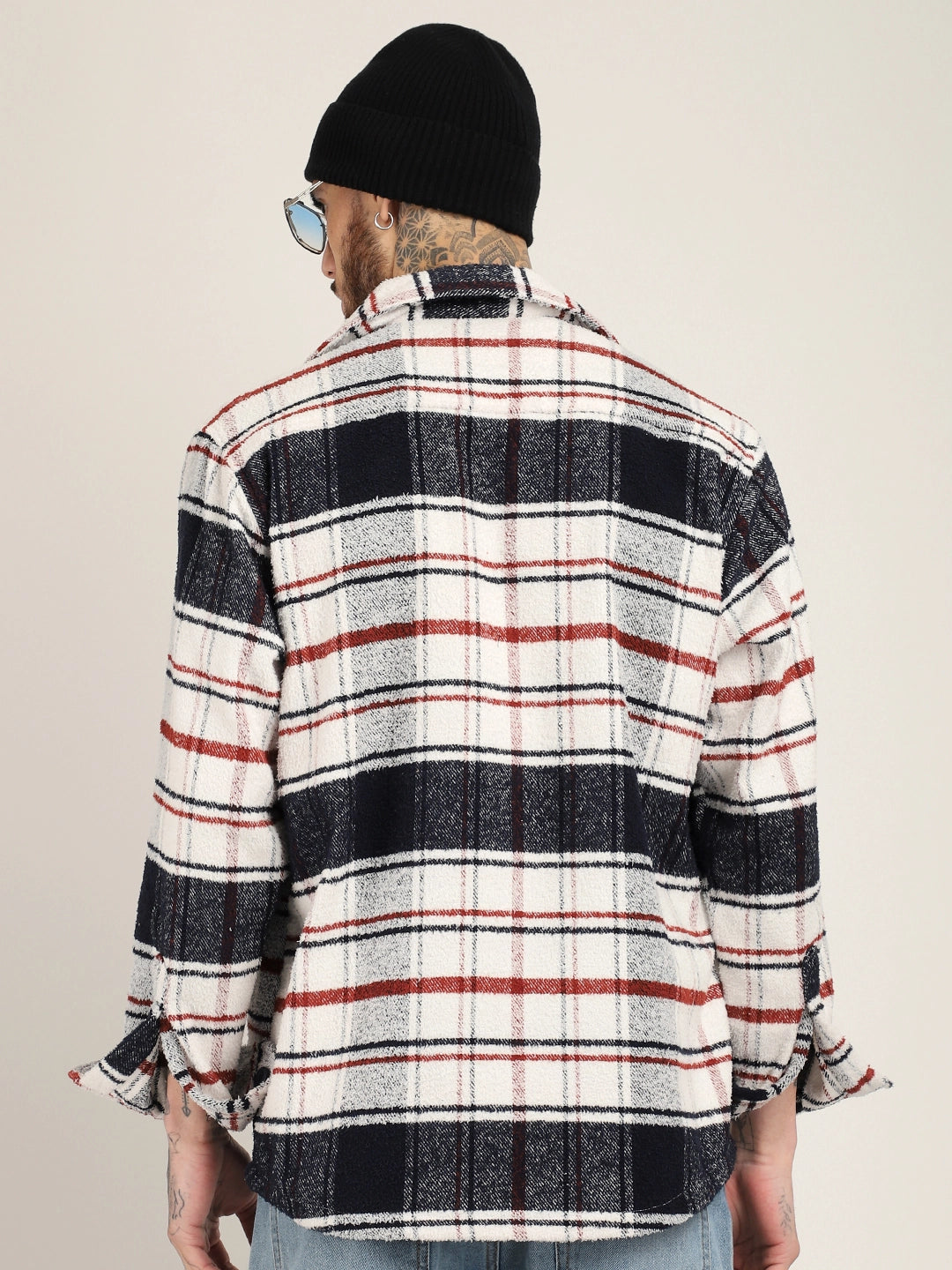 Pure Wool Navy Towel Knitted Check Shacket