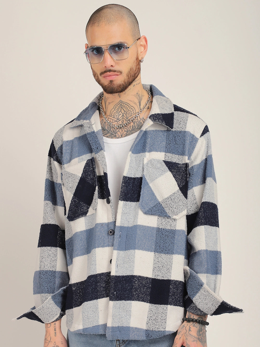 Pure Wool Slate Towel Knitted Check Shacket