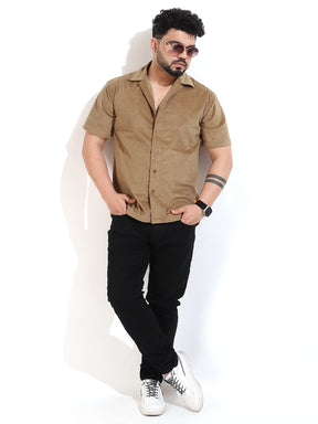 Khaki Corduroy Velvet Half Sleeve Shirt