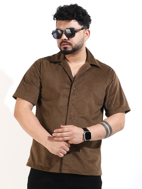 Brown Corduroy Velvet Half Sleeve Shirt