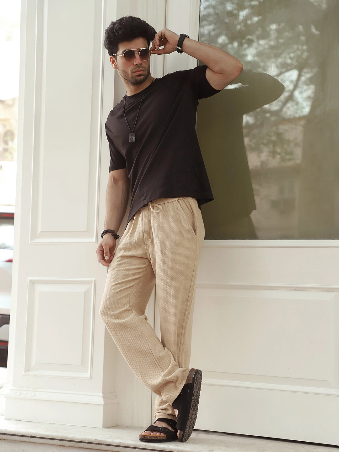 Aurelian Beige Baggy Fit Texture Trouser