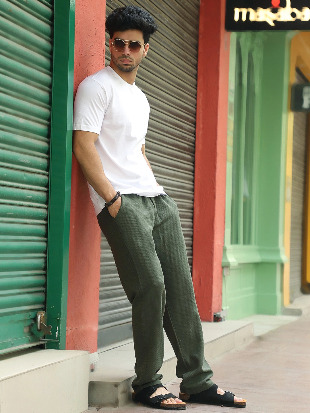 Aurelian Olive Green Baggy Fit Texture Trouser