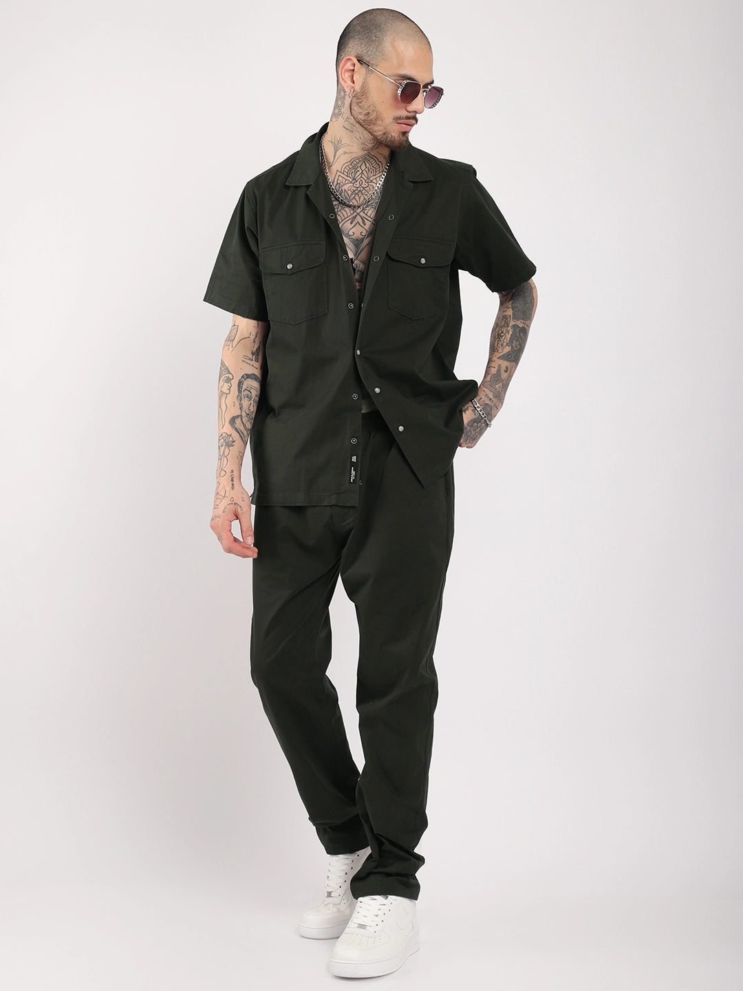 Antonio Cotton Dark Green With Tich Button Co-Ord Set