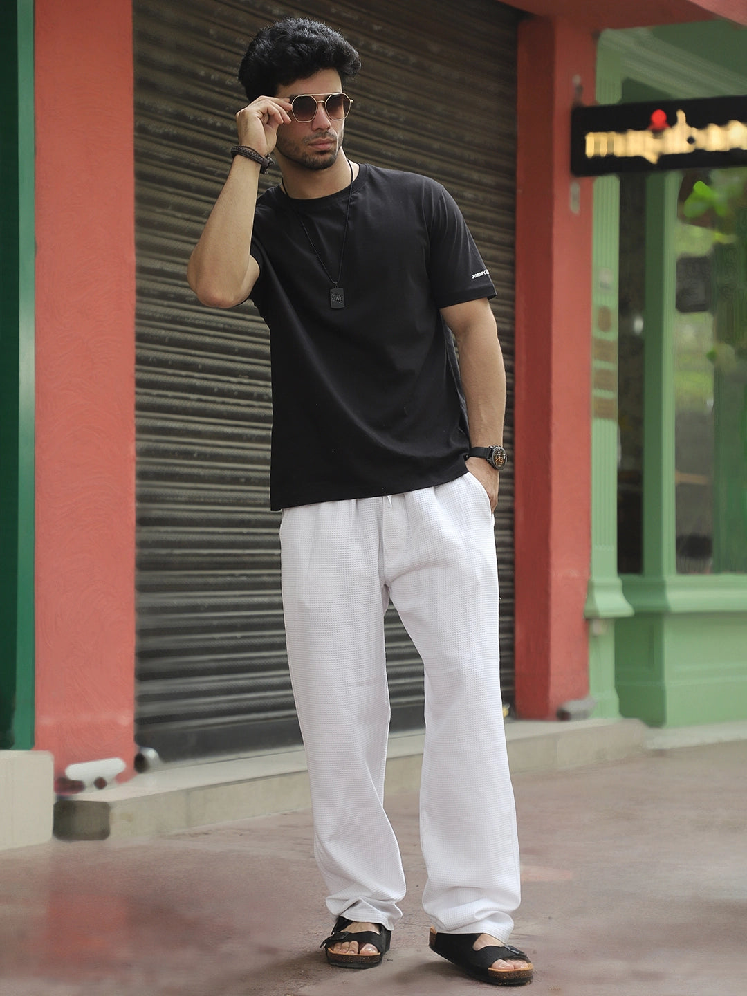 Brunel White Baggy Fit Textured Trouser