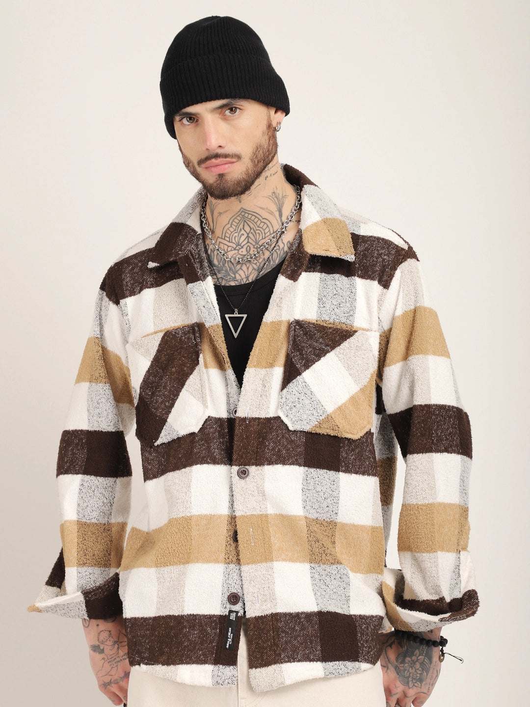 Pure Wool Chocolate Towel Knitted Check Shacket