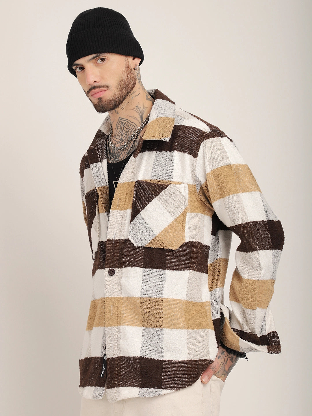 Pure Wool Chocolate Towel Knitted Check Shacket