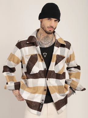 Pure Wool Chocolate Towel Knitted Check Shacket