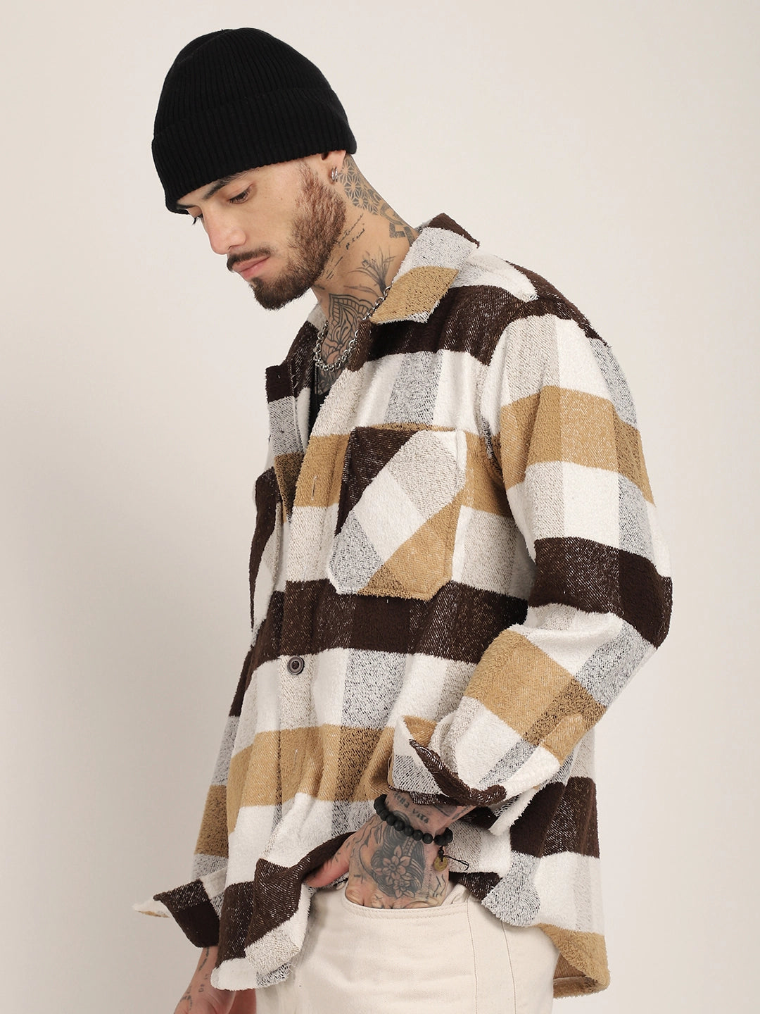 Pure Wool Chocolate Towel Knitted Check Shacket