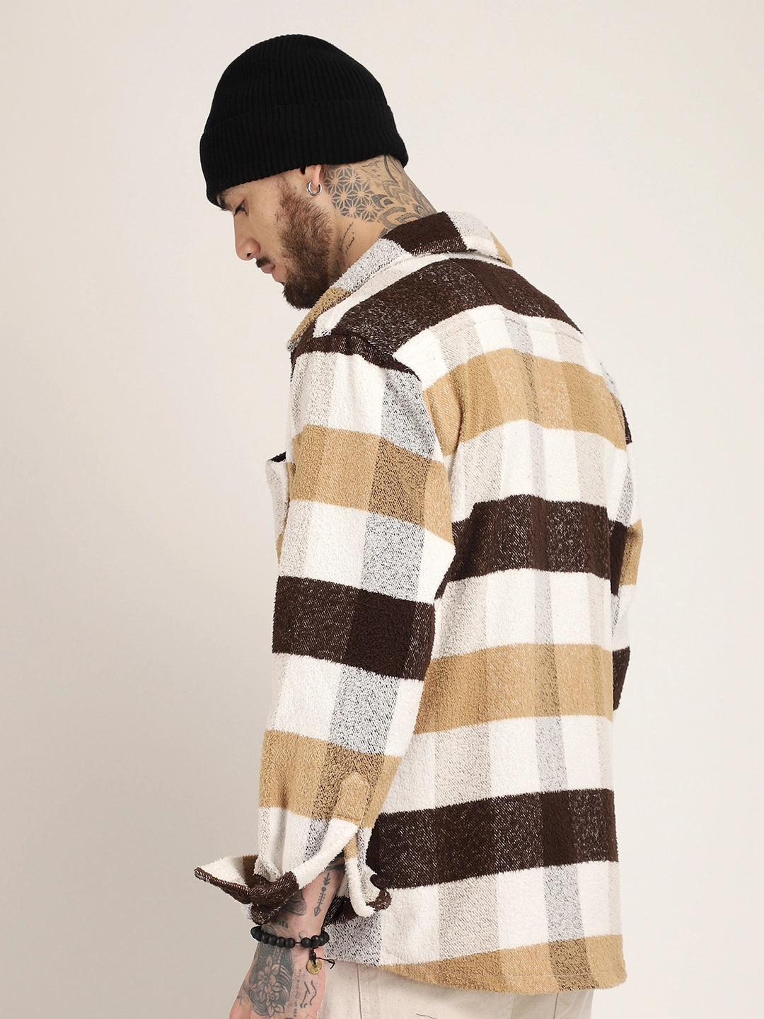 Pure Wool Chocolate Towel Knitted Check Shacket