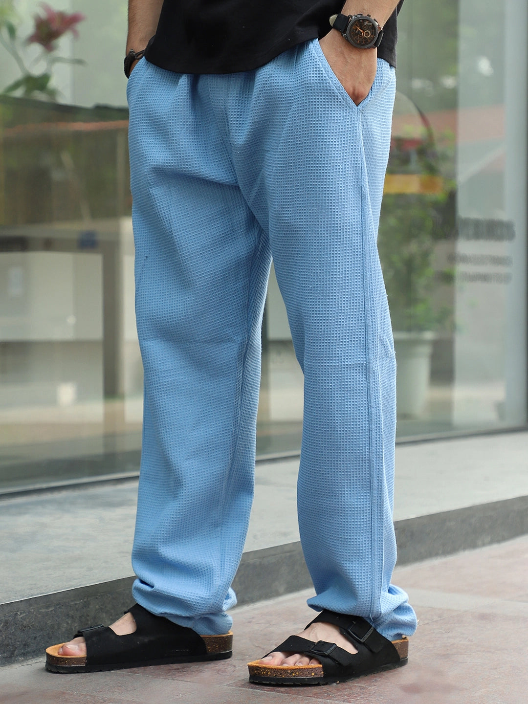 Brunel Sky Blue Baggy Fit Textured Trouser