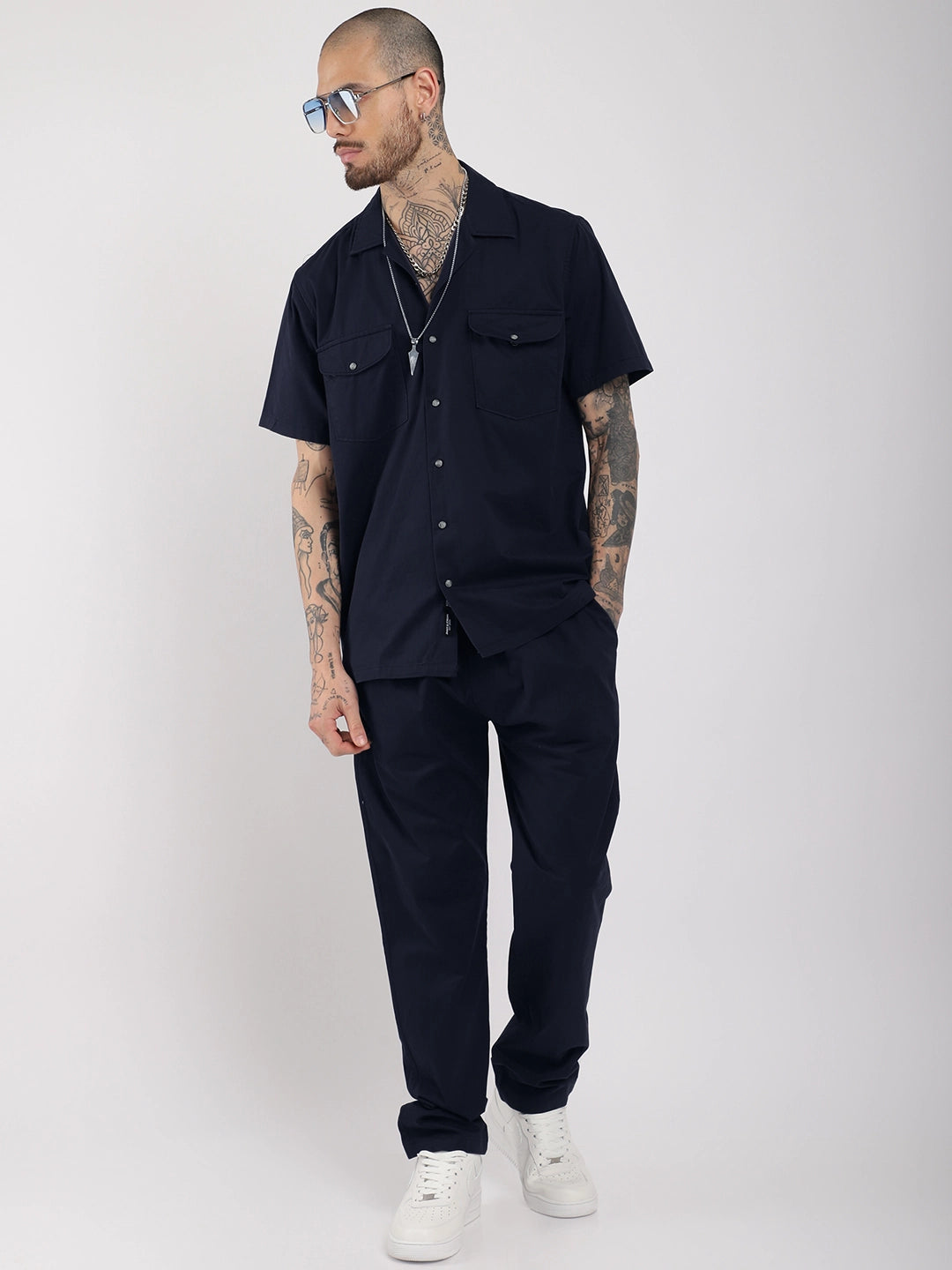 Antonio Cotton Navy Blue With Tich Button Co-Ord Set