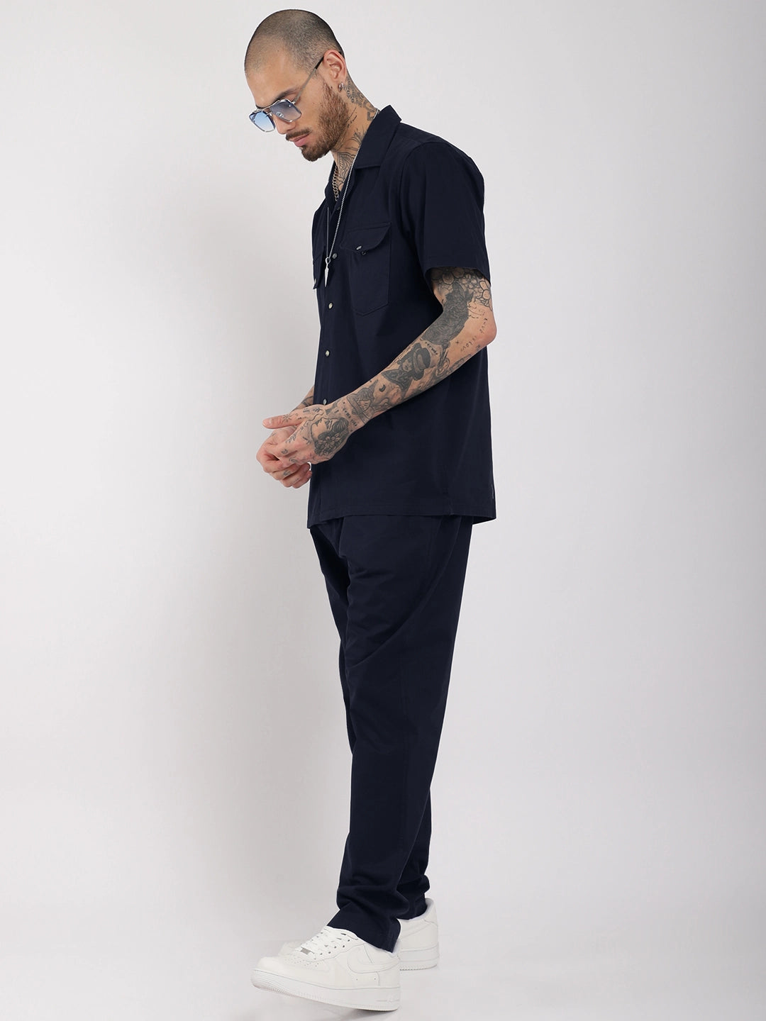 Antonio Cotton Navy Blue With Tich Button Co-Ord Set