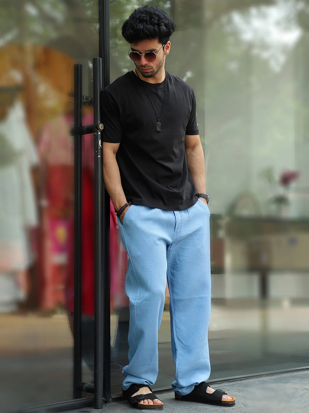 Brunel Sky Blue Baggy Fit Textured Trouser